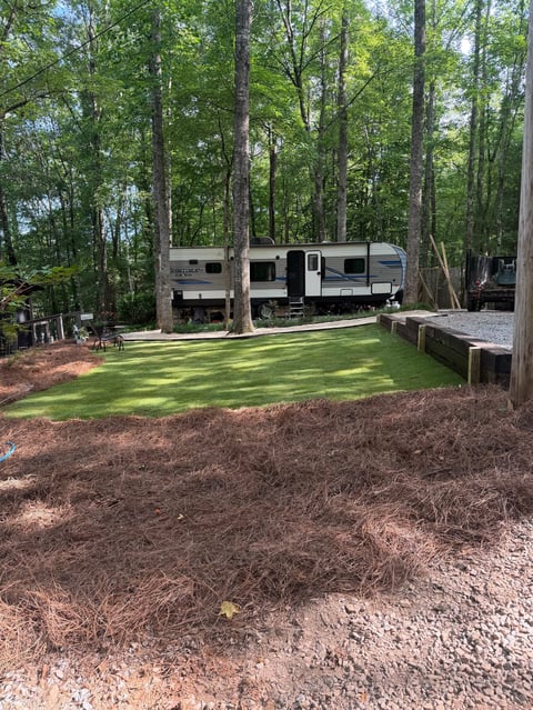 Travel trailer parked in a wooded campground with tall trees, grass lawn, and mulch-covered ground area