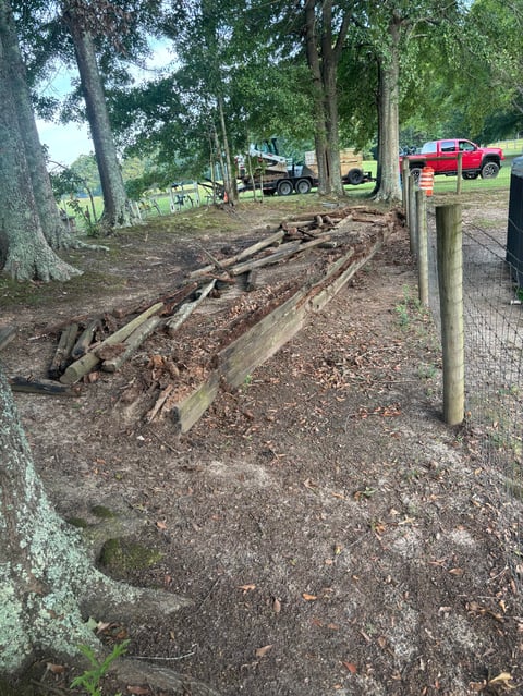 Rustic farm scene with felled logs under trees and red truck visible in background near wooden fence