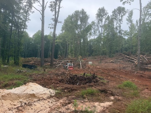Deforestation site with felled trees, cleared land, and logging equipment in a tropical forest setting