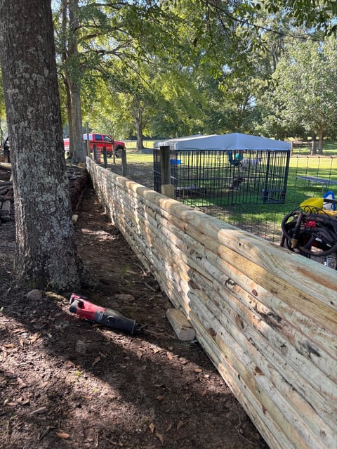 A person lying on the ground next to a wooden fence in a park with trees and animal enclosures in the background