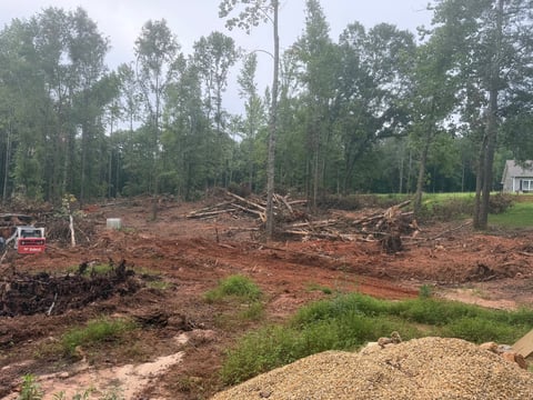 Cleared forest land with felled trees, heavy machinery, and gravel pile, showing deforestation or land clearing site